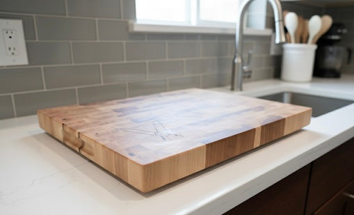 End Grain Maple Cutting Board 14.5” (L) by 10.25” (W) by 1.5” (H).